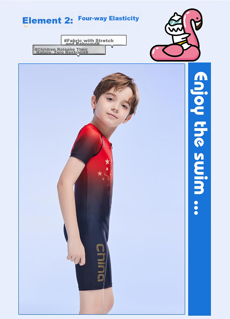 ZOKE Children's Swimsuit, Boys' One-Piece Square-Leg Swimwear Set, Two Pieces JD23503544, Black And Red with Chinese Dragon Design, Size 14 3