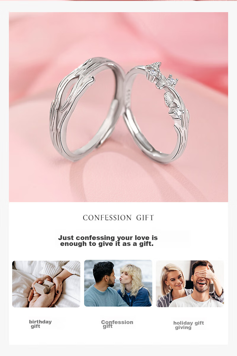 MANHE S999 Sterling Silver Couple Rings, One Pair of Engagement Diamond Rings, Adjustable Women's And Men's Birth Ring, Valentine's Day Gift 6