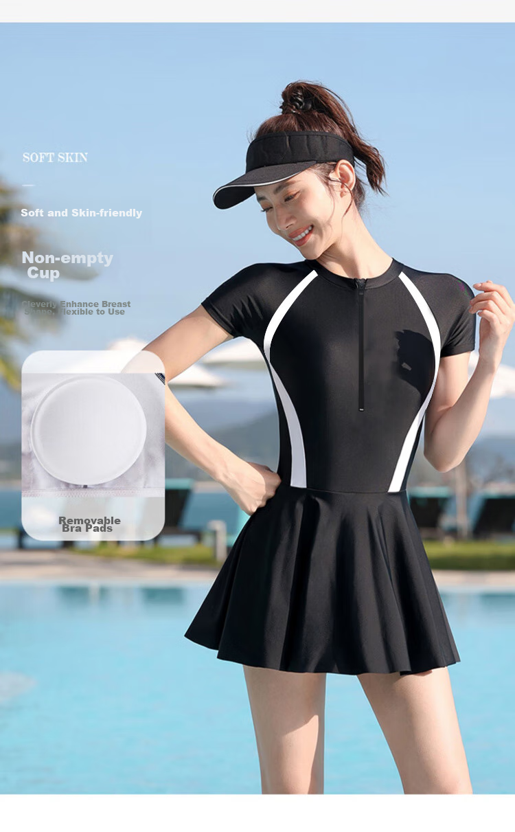 LangSha Women's Summer Ice Silk Short Sleeve Skirt One-Piece Slim Quick-Dry Hot Spring Beach Swimwear 10