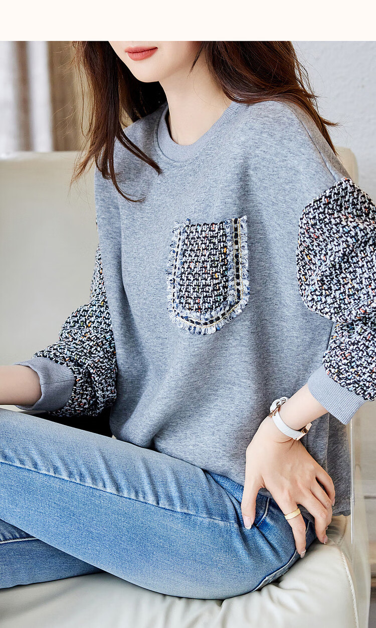 Dme Simple Color-Block Elegant Fleece-Lined Sweatshirt, Autumn And Winter Cotton Round Neck Loose Women's Top, Gray Fleece, XL 11