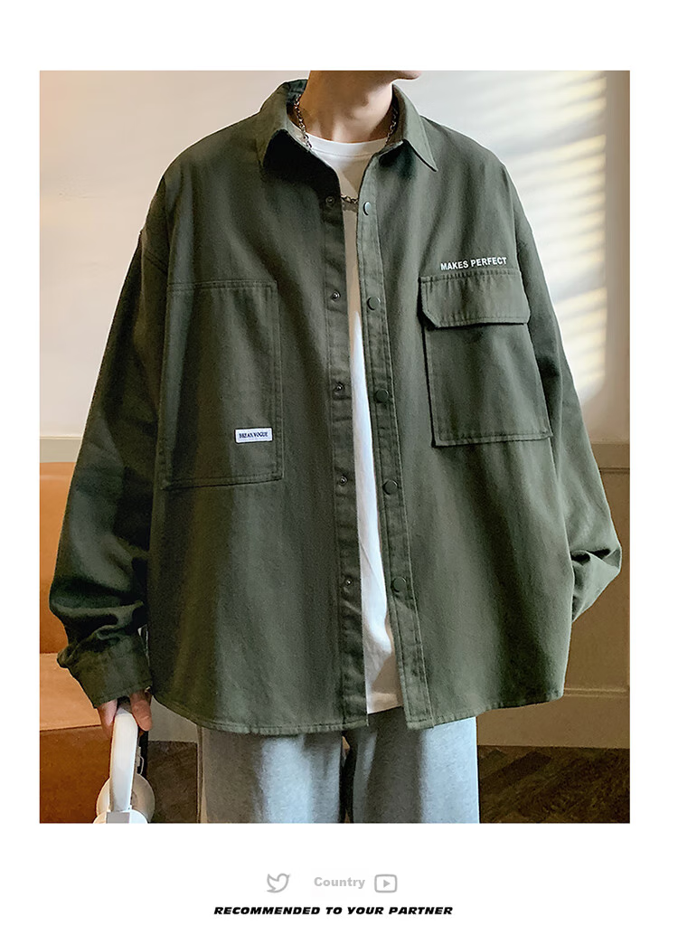 Foss Phil American-Style High Street Men's Spring And Autumn Cool Loose Casual Workwear Jacket JN1020 Graphite Black 3XL 17