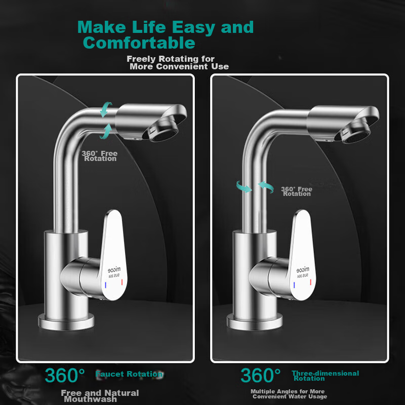 MICOE Basin Faucet Series, 304 Stainless Steel, Hot And Cold, 360° Rotating, Bathroom Washbasin And Face Washing Tap