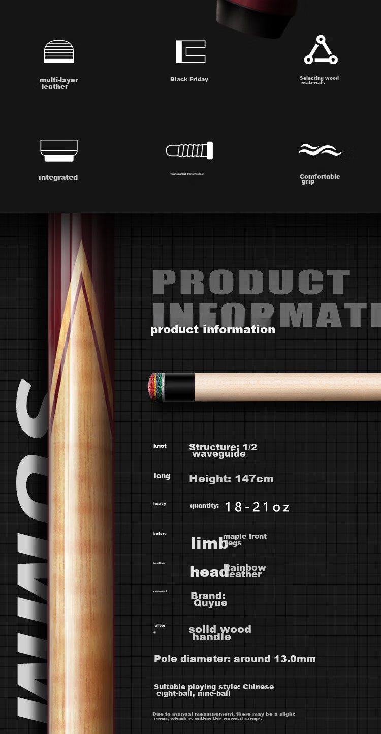 LIVEX Charlie Pool Cue, Large Tip Cue, Chinese 8-Ball Two-Piece Billiard Cue, American 16-Ball Pool Cue, with Cue Tube 2