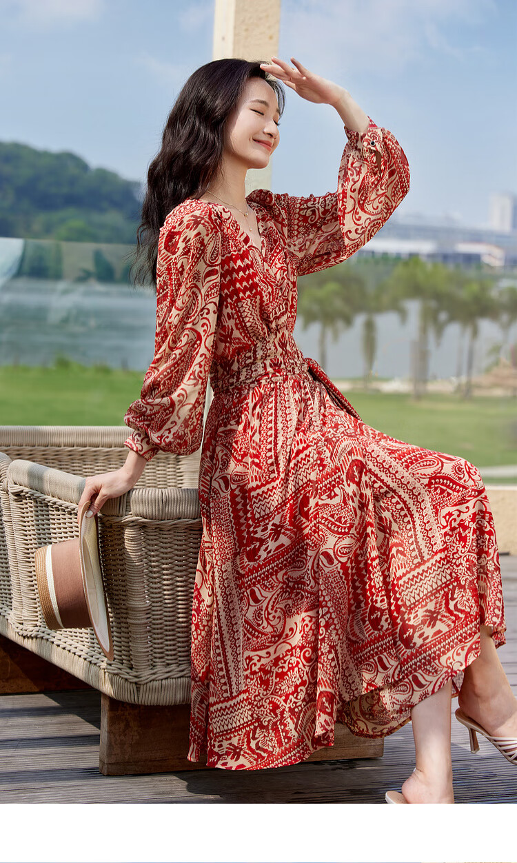 Sentubila Spring And Autumn Mid-Length Floral Print Red Dress, Elegant Goddess Style Slimming Vacation Dress, Red Floral Pattern, Size S 22