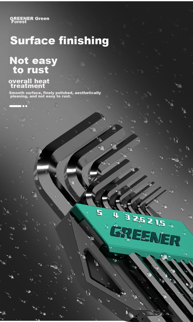 GREENER Hex Key Set for Home Use, Automatic Combination Six-Sided Wrench, Battleship Style 9-Piece Set [Blackened] Extended - Ball 9