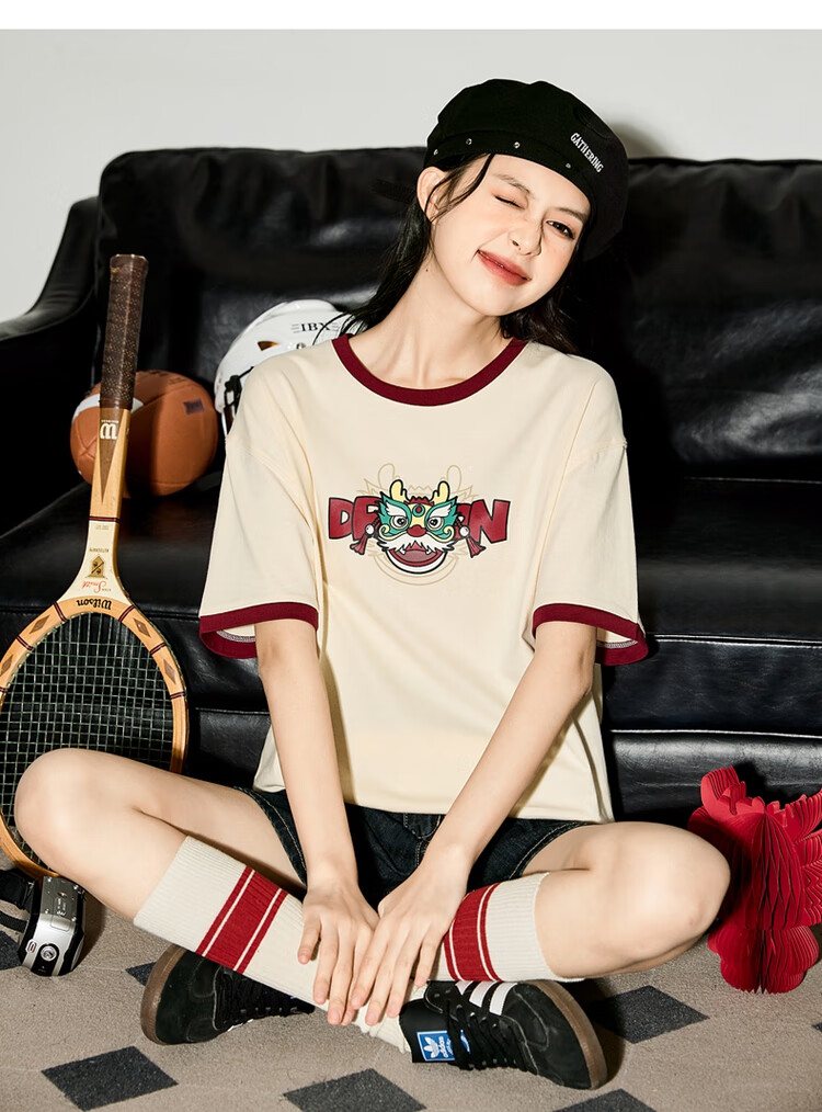 TonLion 2024 Short-Sleeve T-Shirt for Women, Loose-Fitting Top, Year of The Dragon Zodiac Year Inner Wear Tee, Apricot Color, Size S 10
