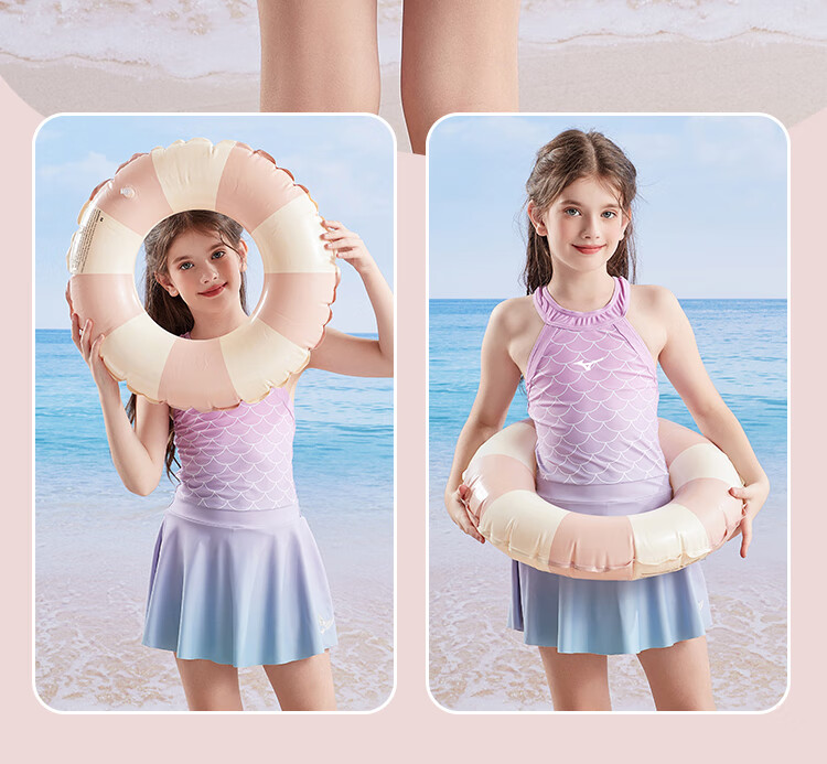 MIZUNO Children's Swimsuit, Cute Mermaid Princess Style with Skirt for Girls, Sun Protection One-Piece Swimwear for Older Kids, Hot Spring Bathing Suit A3402 Purple 150 18