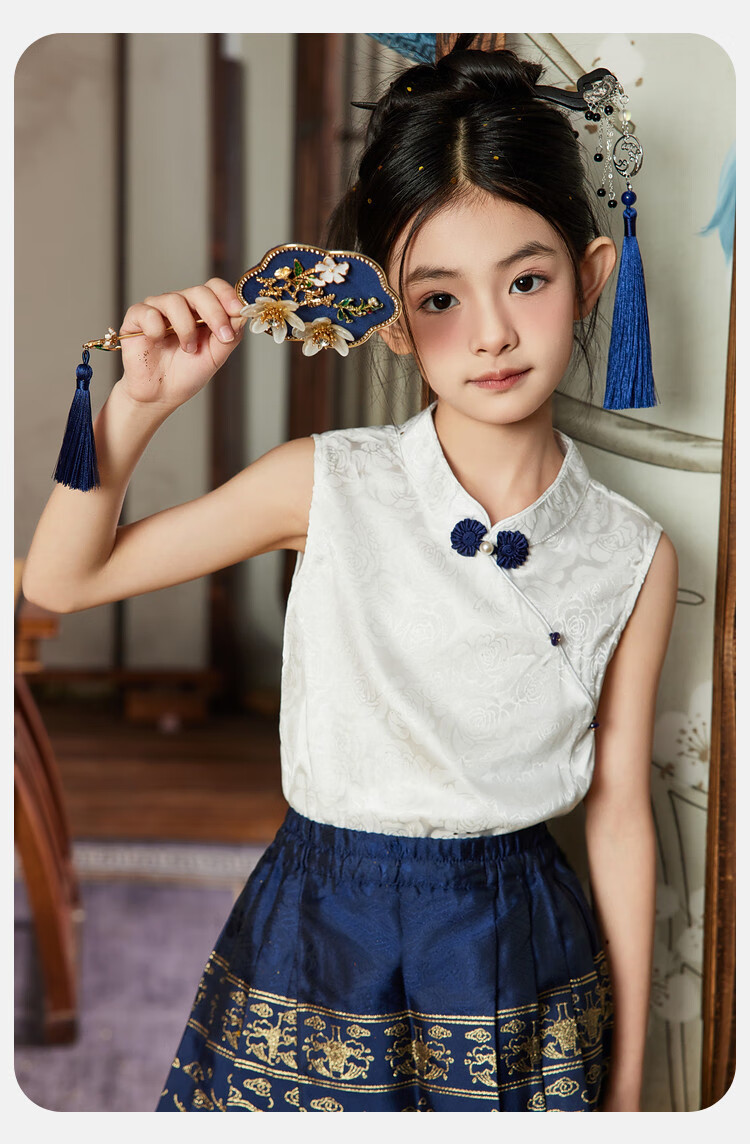 ASK JUNIOR Girls' Summer Outfit Set for Older Children, Sleeveless T-Shirt, Chinese-Style Horse-Face Skirt, Preppy Style Sportswear Set 3