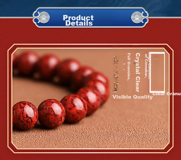 Doukou Shiguang Original Ore Translucent Crystal Cinnabar Bracelet, High-Content Zodiac Year Hetian Jade Fortune-Turning Bead Bracelet for Men And Women, 6mm 12