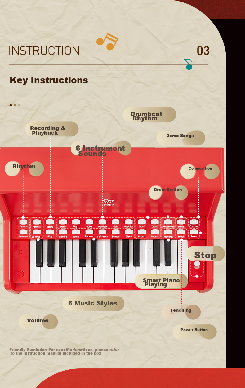 Hape (Germany), Children's Piano Toy Instrument, 25 Keys, Light-Up Teaching Piano, Red, Girl's Birthday Gift, E0630 5