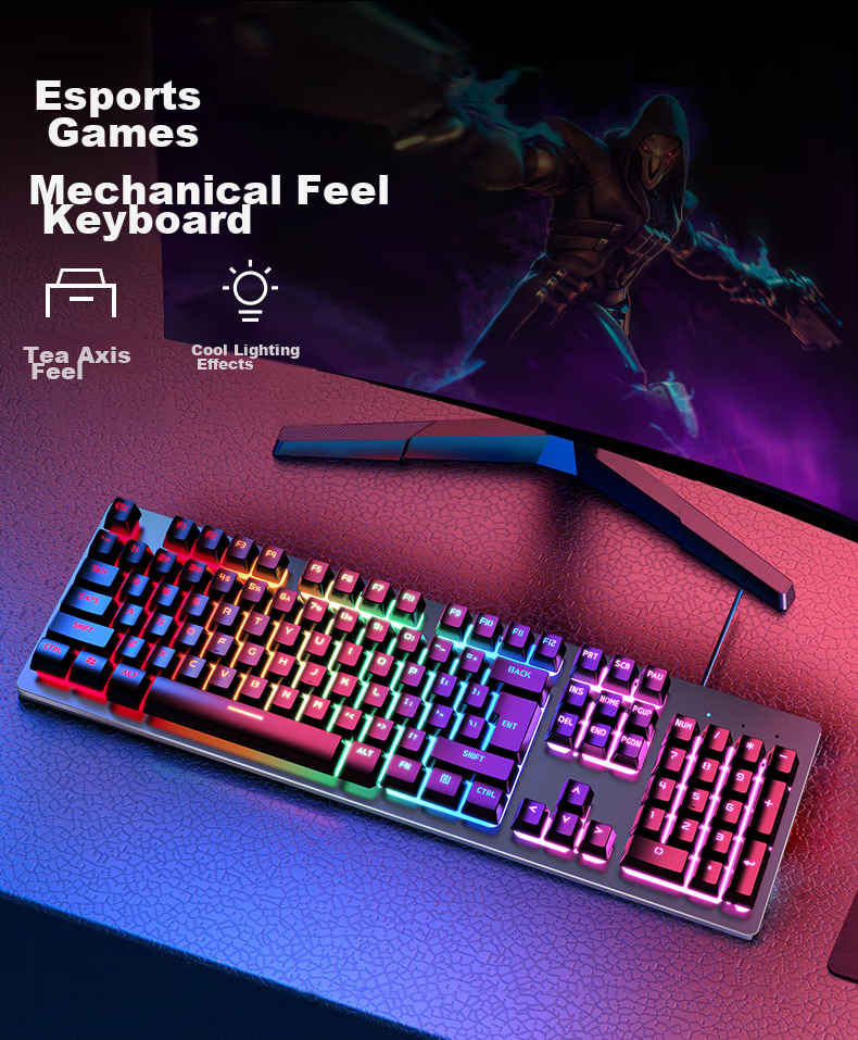 EWEADN GX300 Mechanical Feel Keyboard And Mouse Set, Gaming Wired Desktop Computer Laptop Office Thin Film Keyboard And Mouse Peripherals, Black with Ice Blue Light 1