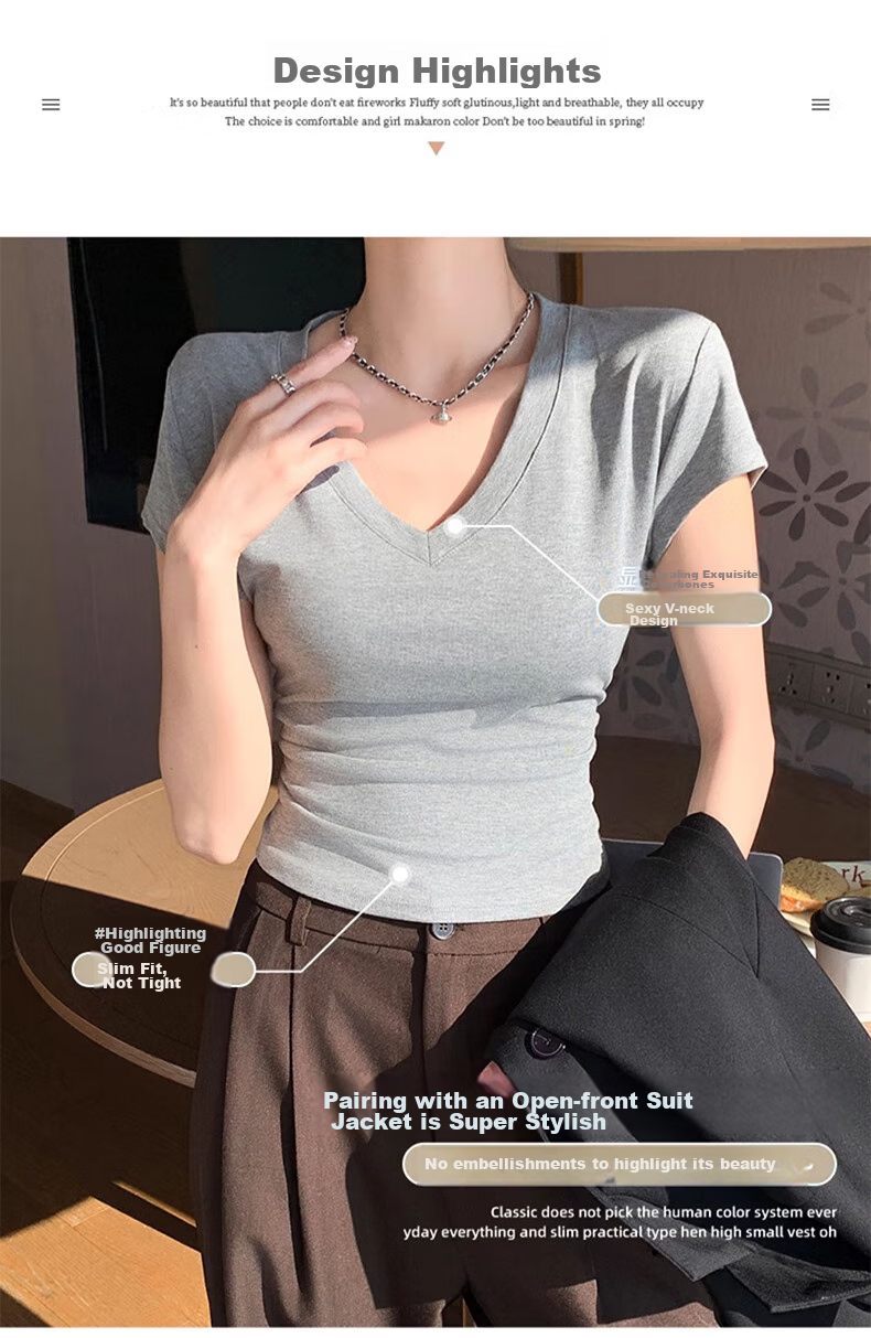 XUEXIMAN Women's Summer T-Shirt, Stylish And Simple Design, Slim Fit with Waist-Cinching V-Neck, Wrinkled High Cotton Short Sleeves for Wome 6