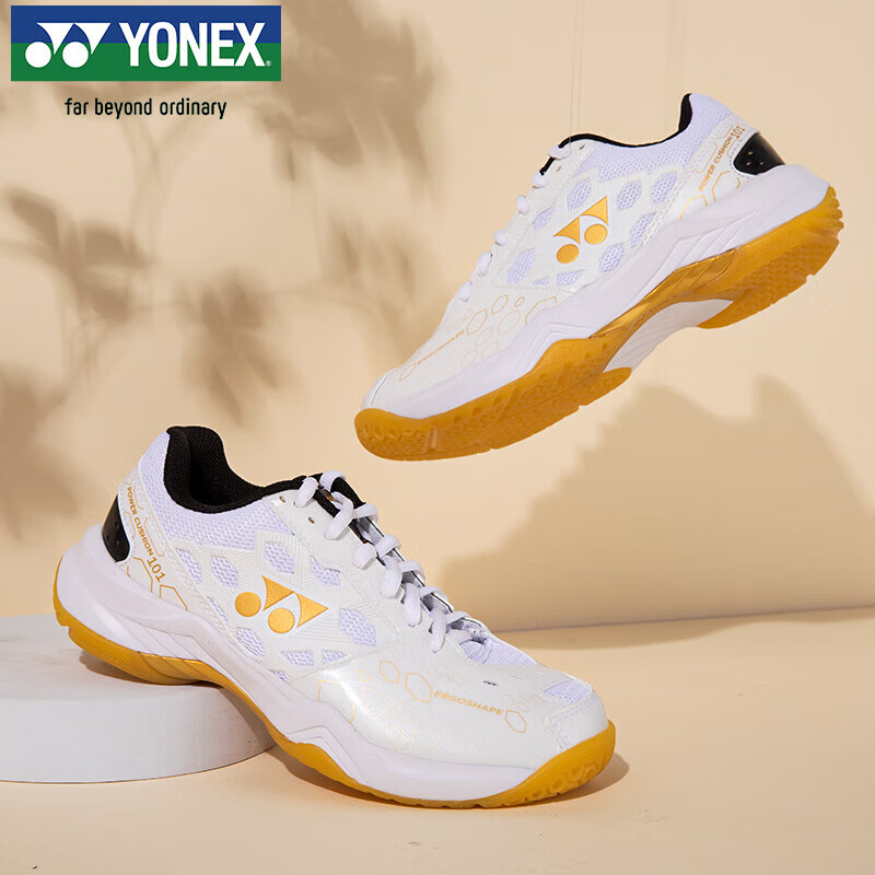YONEX Badminton Shoes, Entry-Level Training Shock-Absorbing Power Cushion, for Men And Women, SHB101CR, White/gold, Size 41