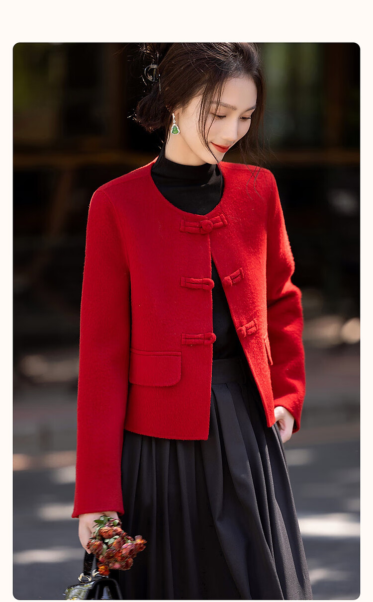 DME Spring New Year Chinese Style New Mid-Length Double-Sided Wool Felt Sheep Wool Frog Button Coat Women Outerwear Dark Red L 1