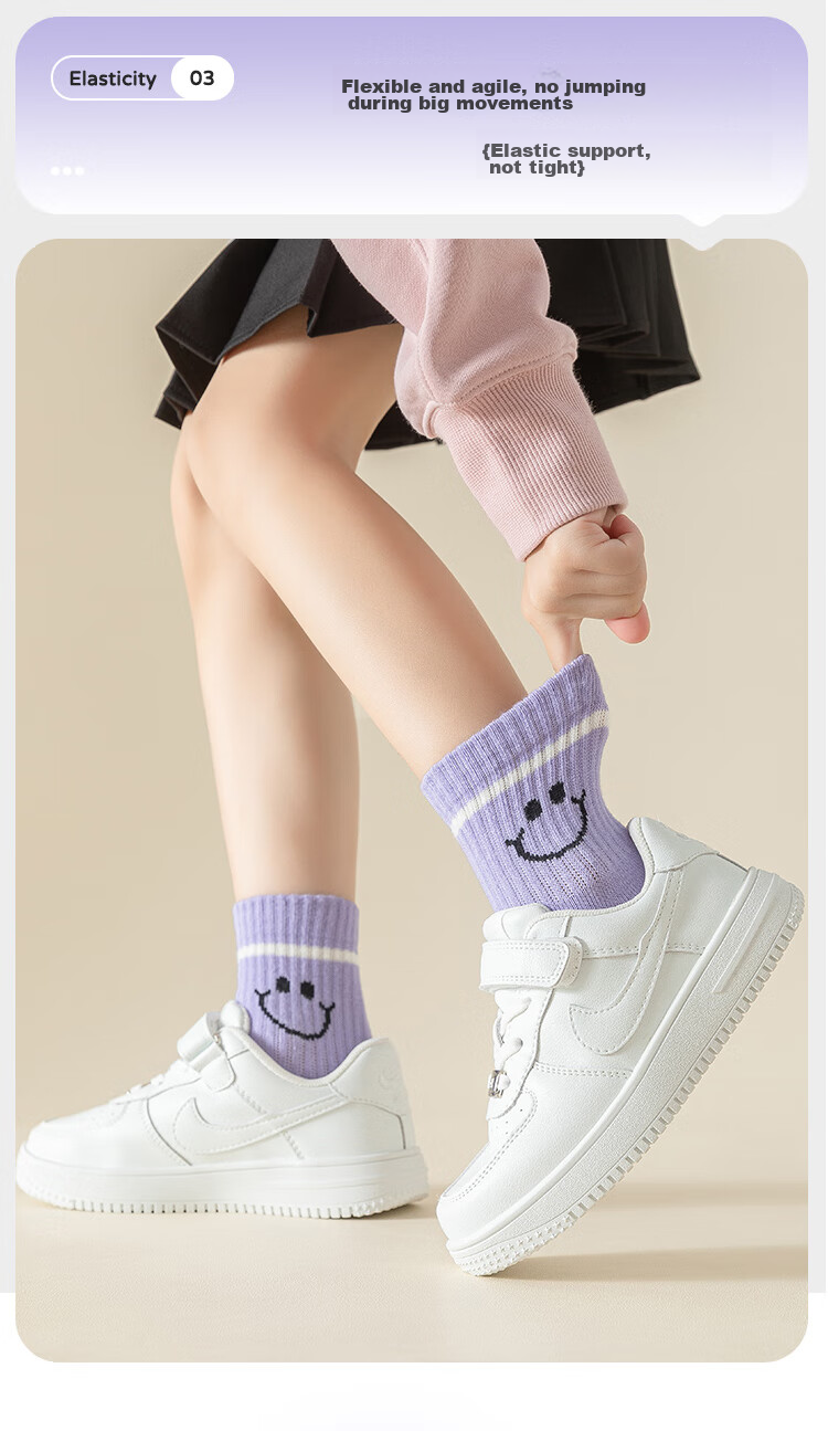 MiiOW Children's Socks, Girls' Mid-Calf Cotton Socks, High-Elasticity Student Socks, Breathable Socks for Older Children, 5 Pairs, Purple Smiley Face, Size L 14