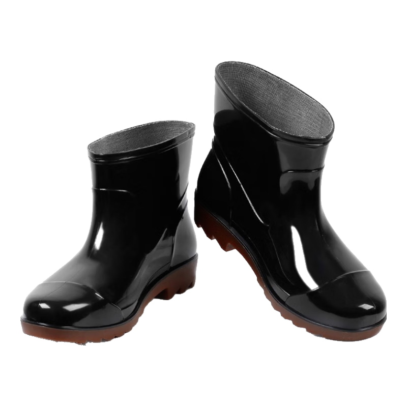 Labor Protection Jia Unisex Mid-Calf Rain Boots PVC Waterproof Rubber Shoes Thick Sole Black with Brown Sole Size 43