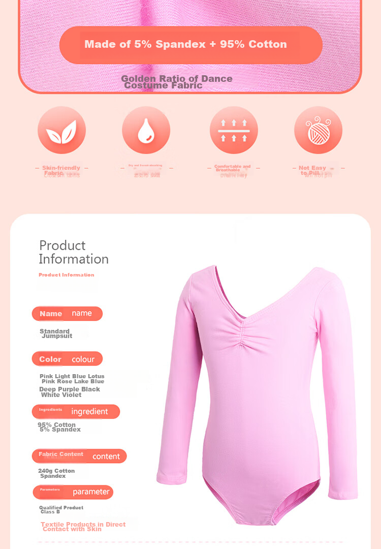 Aiwuge Children's Dance Leotard, Girls' Ballet Practice Outfit, Long-Sleeve One-Piece Dance Costume for Girls, Exam Uniform, Size 130 2