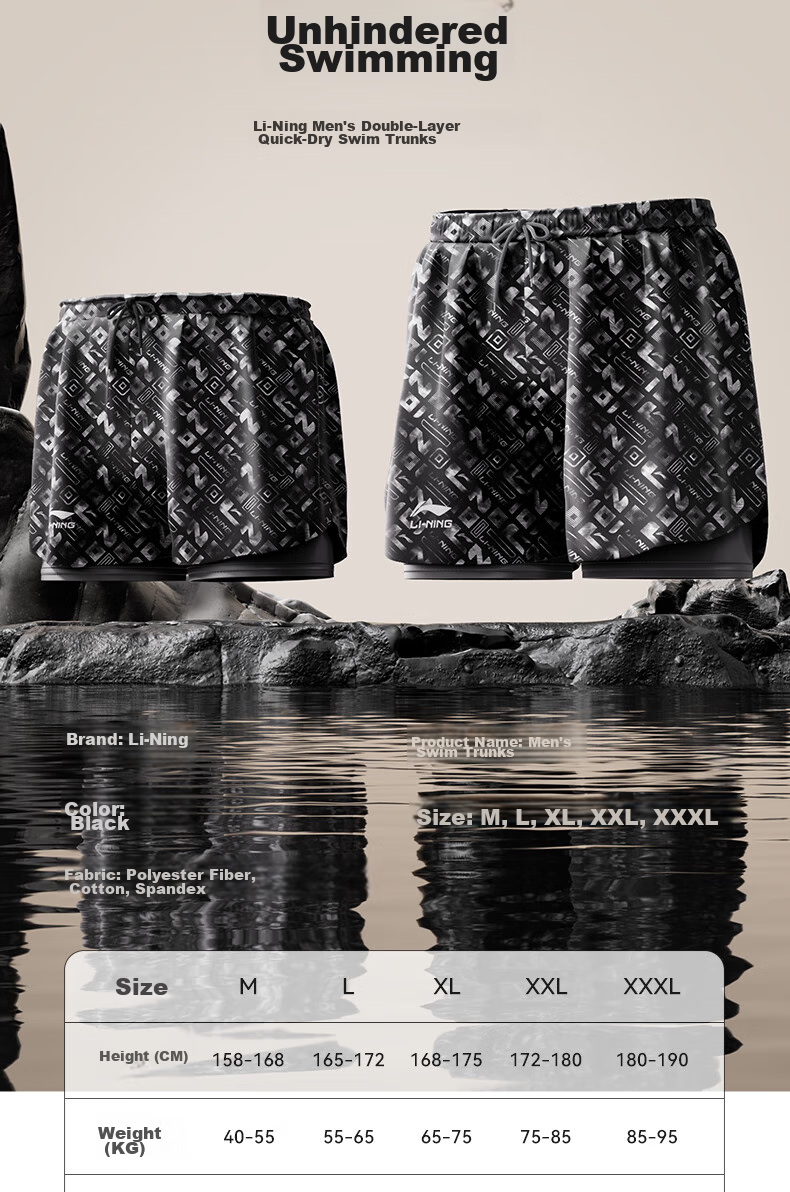 Li-Ning Men's Swim Shorts, Two-In Anti-Embarrassment Quick-Dry Boxer Beach Shorts Swimming Trunks Hot Spring Swimwear 3331 Black And Gray XXL 7