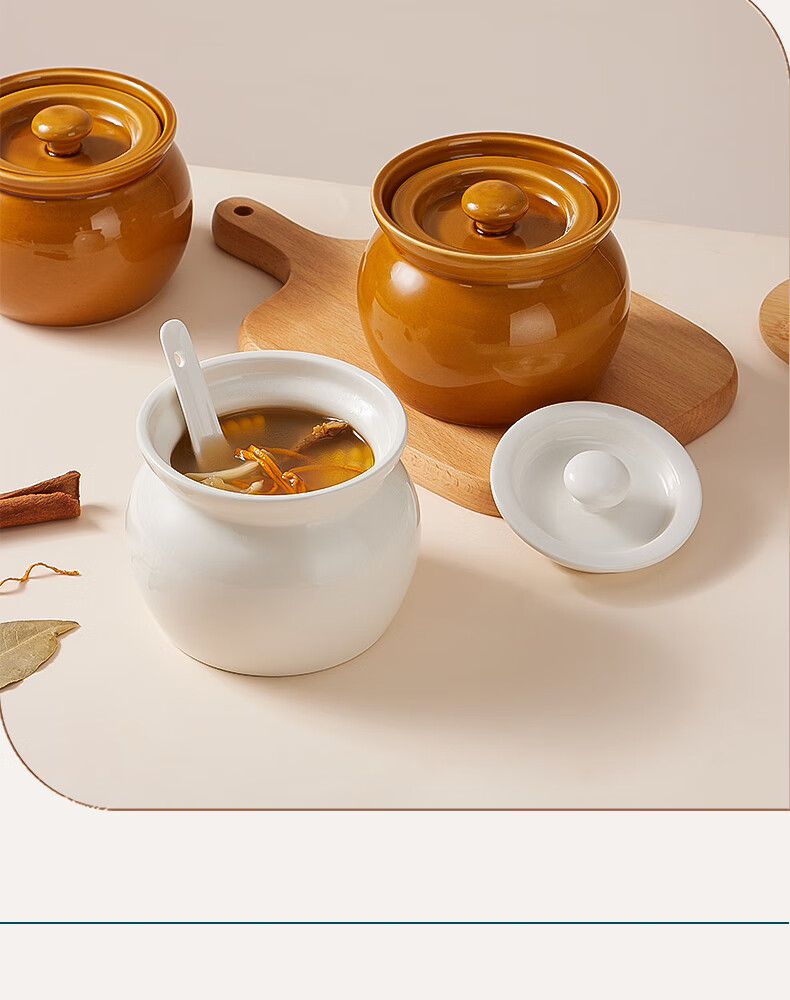 BJ Ceramic Pot with Spoon, Small Clay Jar, Ceramic Bowl, Lard Pot, Double Boiler for Bird's Nest, Soup Steamer with Lid, Egg Steamer, White, 400ml 5