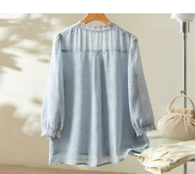 Dme [Long Time No See Series] Summer French Commuter V-Neck Jacquard Blouse, Three-Quarter Sleeve Lace Shirt, Women's Top 16