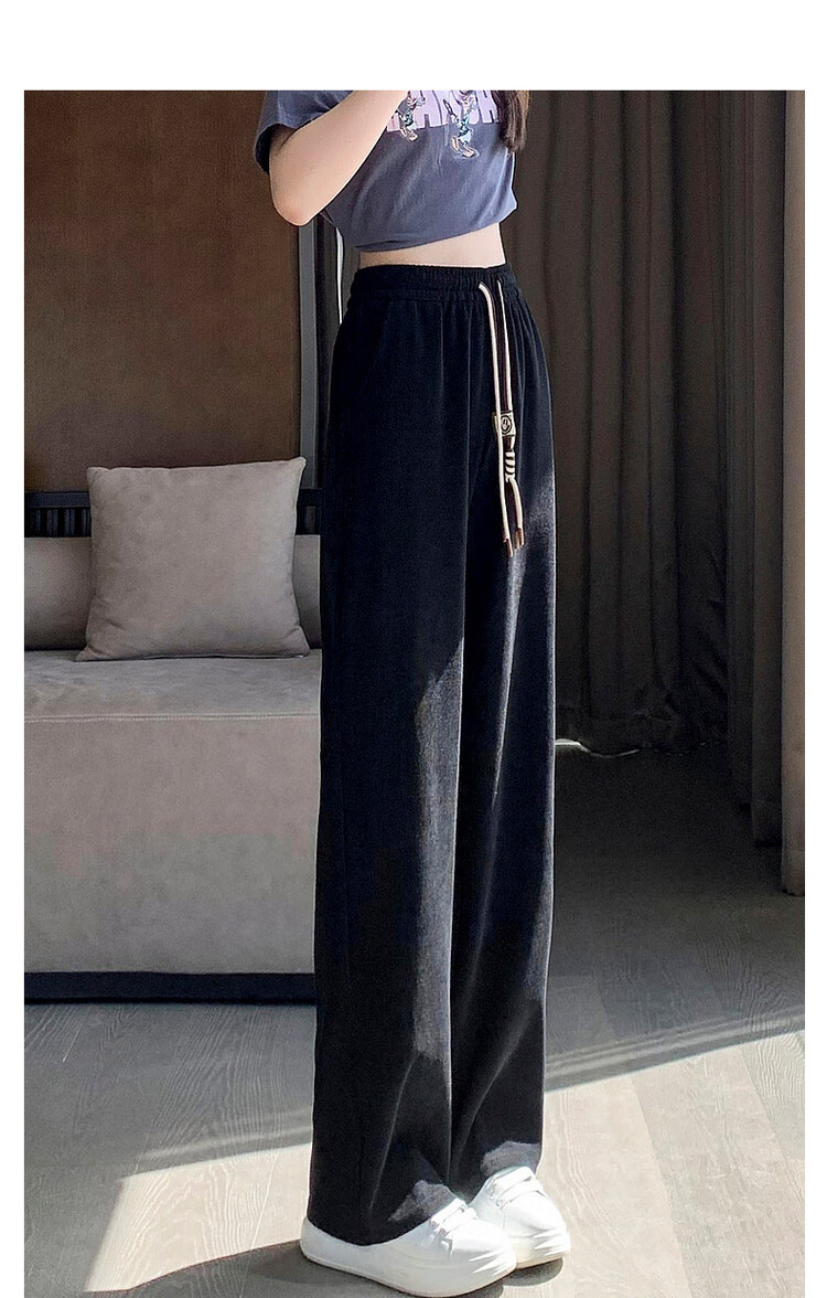 Dme [Cotton Velvet Wide-Leg Casual Pants], Autumn Mid-Rise Elastic Waist Trousers, Loose Women's Pants, Black, M 9