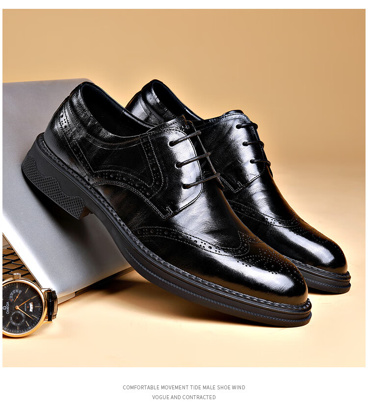 St&Sat Men's Shoes, Top-Grain Sheepskin, Formal Business Leather Shoes, Brogue Casual Leather Shoes for Men, Black, Size 40 3