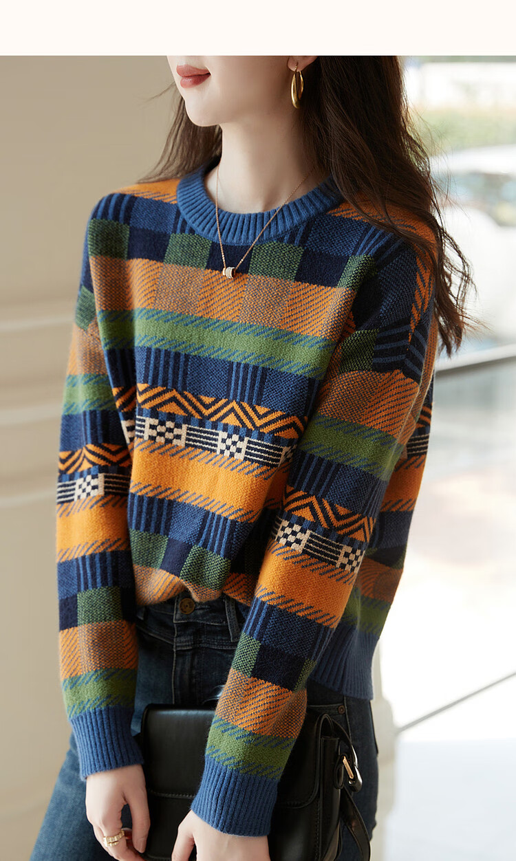 Dme [Color Block Knit Sweater] Spring And Autumn Commuter Round Neck Loose Drop Shoulder Long Sleeve Slightly Stretchy Women's Sweater, Orange, Size S 13