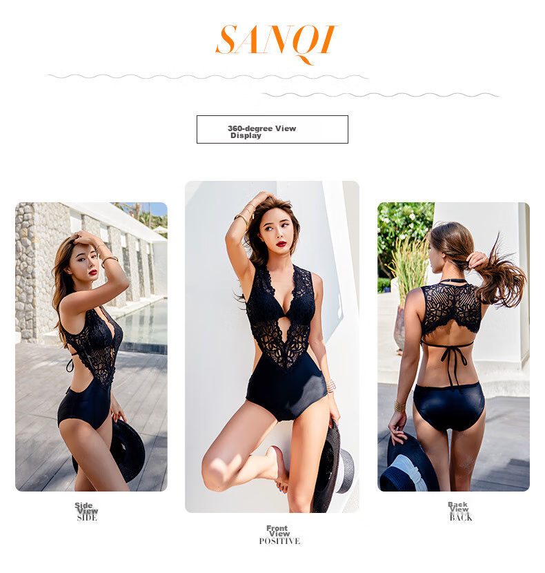 Sanqi One-Piece Swimsuit, Women's Bikini, Sexy Triangle Panties, Lace, Push-Up for Small Chest, Beach And Hot Spring Swimwear, 20042 Black M 1