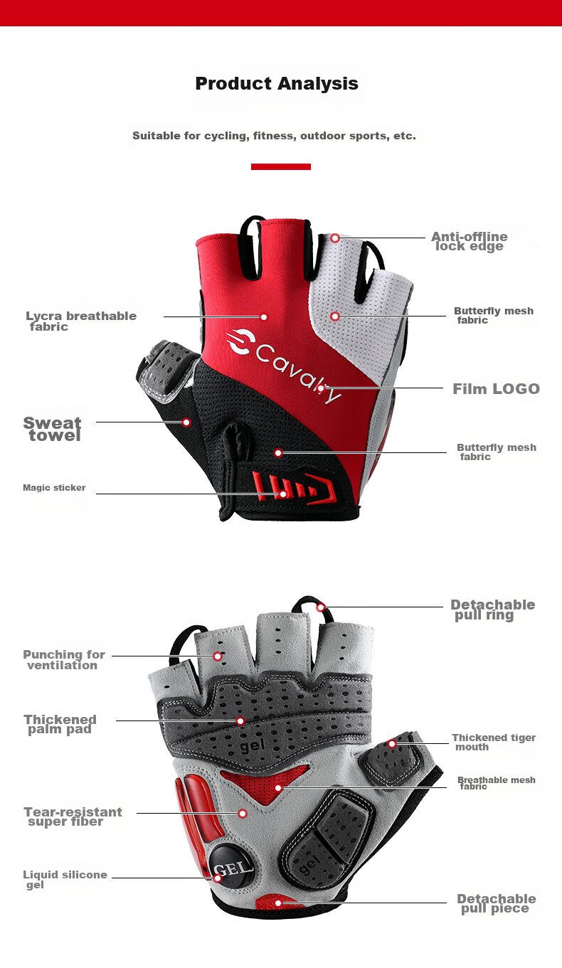 CAVALRY Silicone Half-Finger Gloves for Men And Women, Short Finger Road And Mountain Bike Shock-Absorbing Gloves Cycling Gear Red And White S 15