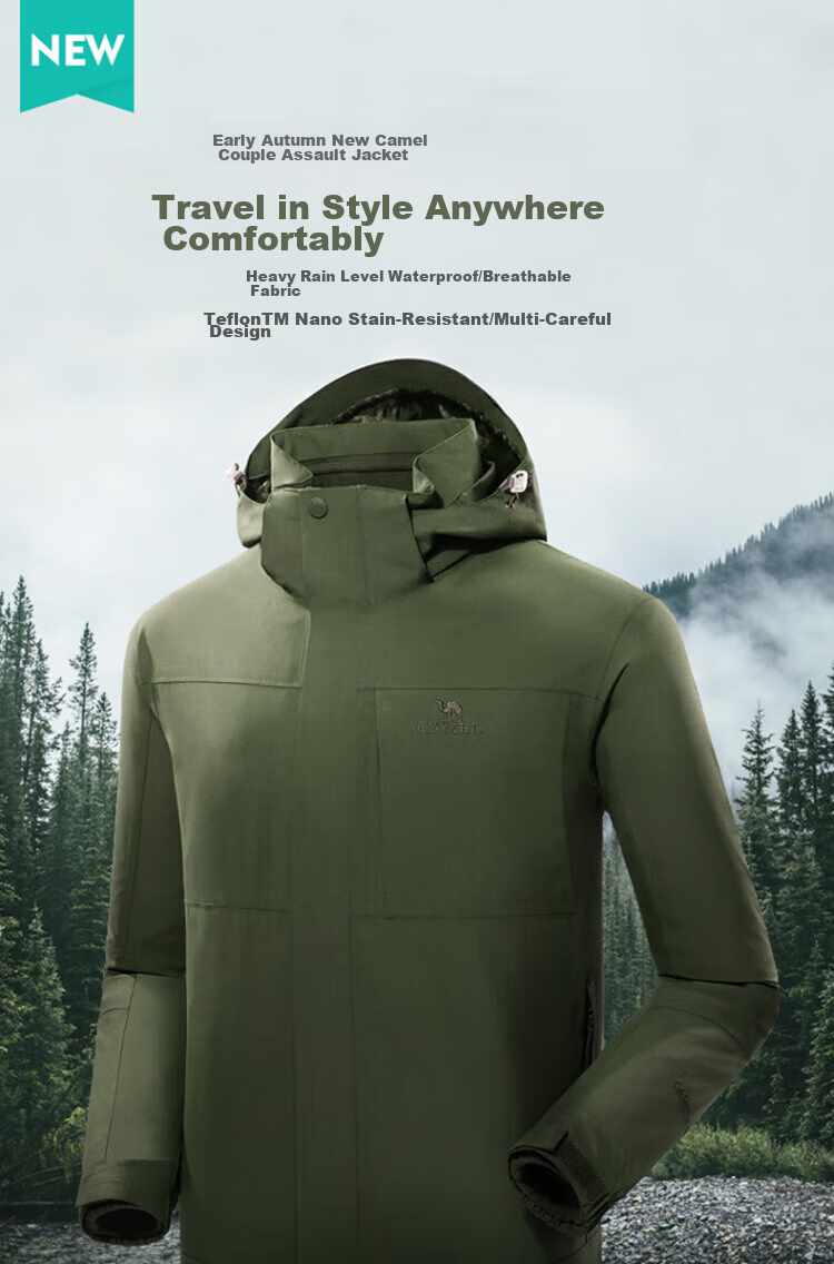 CAMEL Windbreaker Jacket for Men And Women, Three-In Detachable Two-Piece Set, Outdoor Heavy Rain-Proof Waterproof Windproof Mountaineering Suit 2