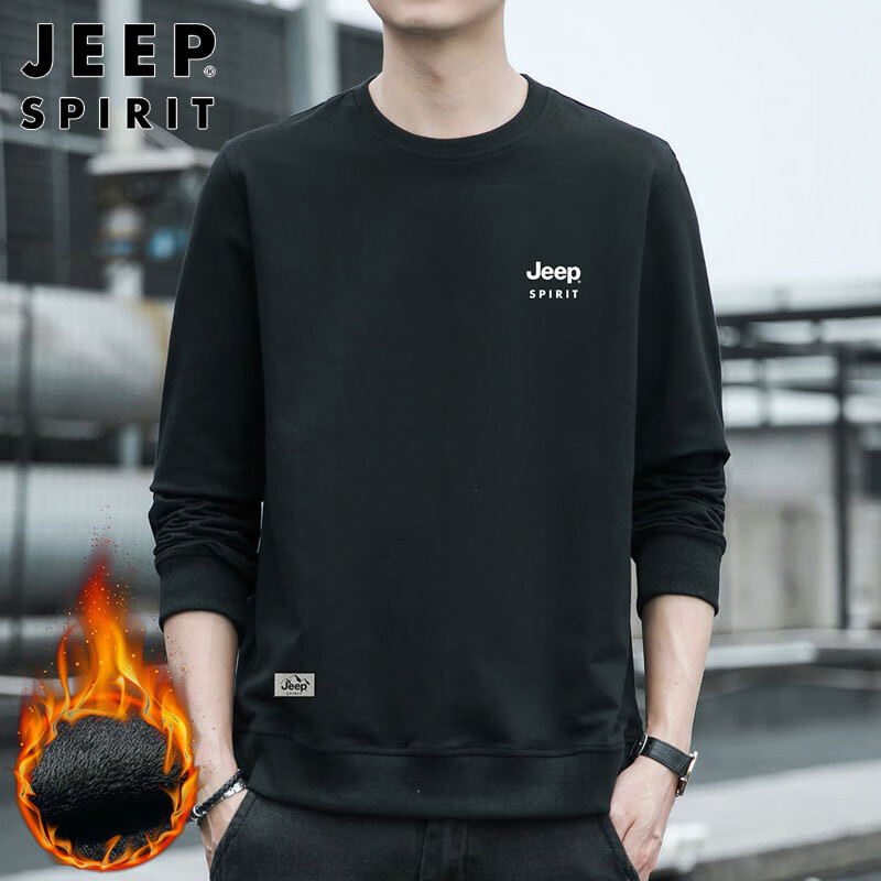 JEEP SPIRIT Men's Autumn Winter Korean Style Crew Neck Loose Fit Long Sleeve Fleece-Lined Black Sweatshirt XL