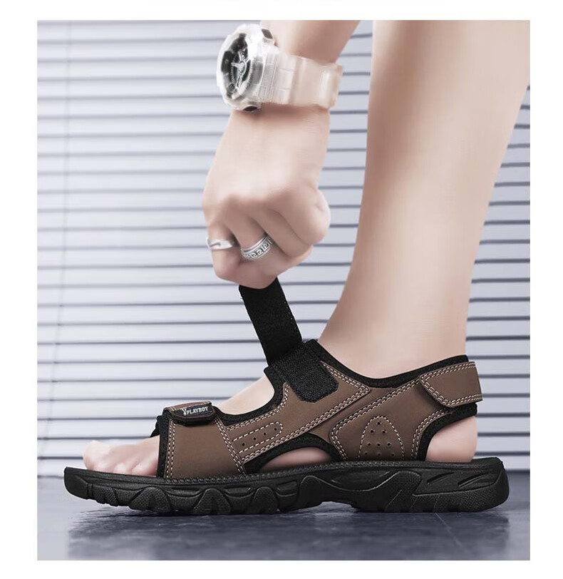 PLAYBOY Men's Sandals, Summer 2025 Breathable Beach Shoes, Korean-Style Perforated Shoes with Velcro Slippers, Black, Size 40 4