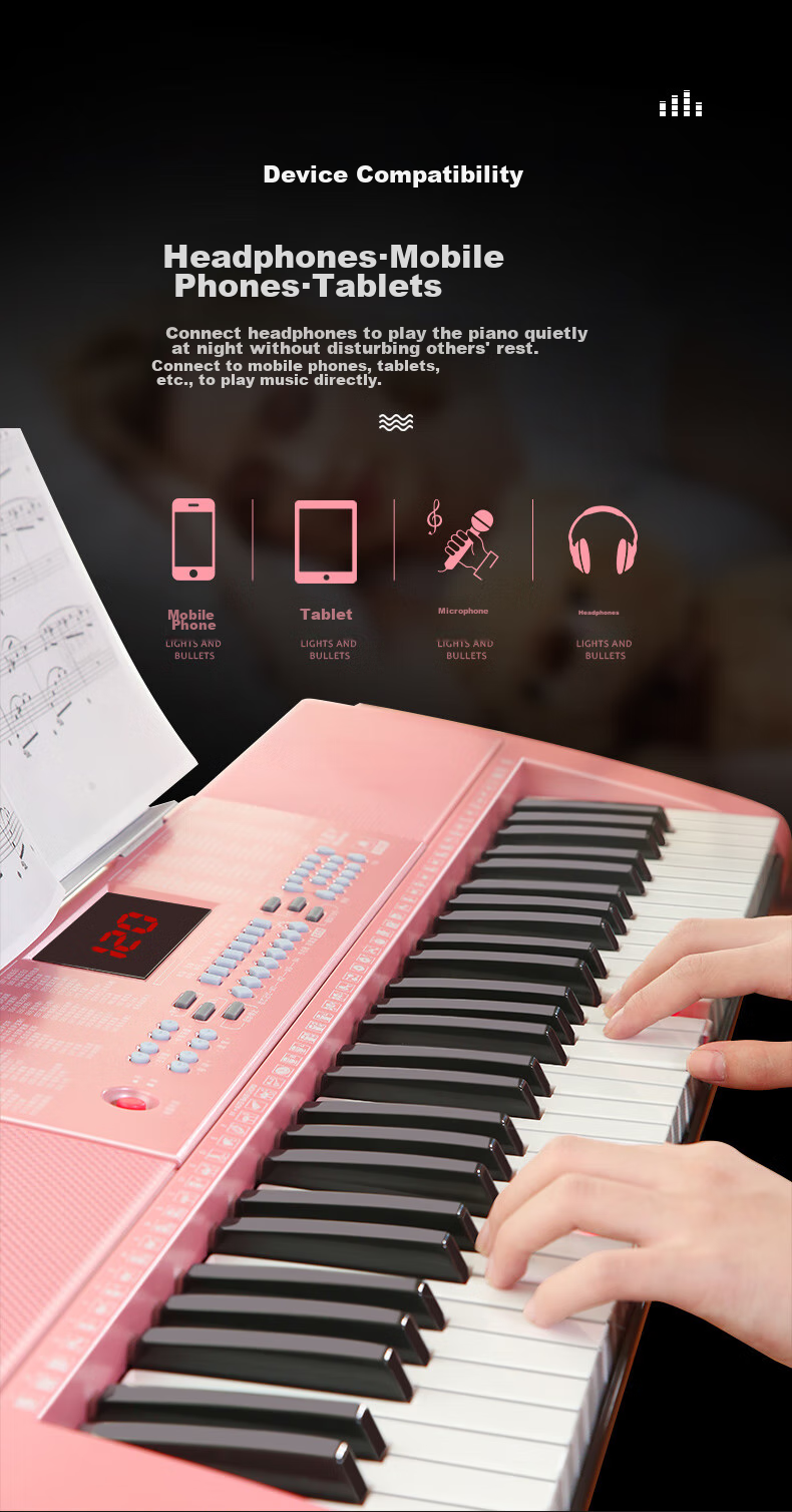 Meirkergr MK-288 Pink Basic Version + Stand, 61-Key Multifunctional Teaching Electronic Keyboard, Children's Beginner Musical Instrument, Connects Microphone, Headphones, Mobile Phone, Pad with Stand 8