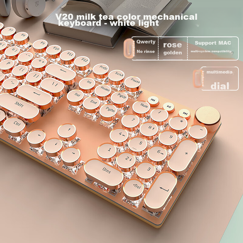 Механическая клавиатура EWEADN V20, 104 клавиши, проводная, с подсветкой, стиль панк, высокая эстетика, для женщин, офиса, игр, киберспорта, ноутбуков и настольных компьютеров, тихие комфортные розовые переключатели, молочно-чайный белый свет