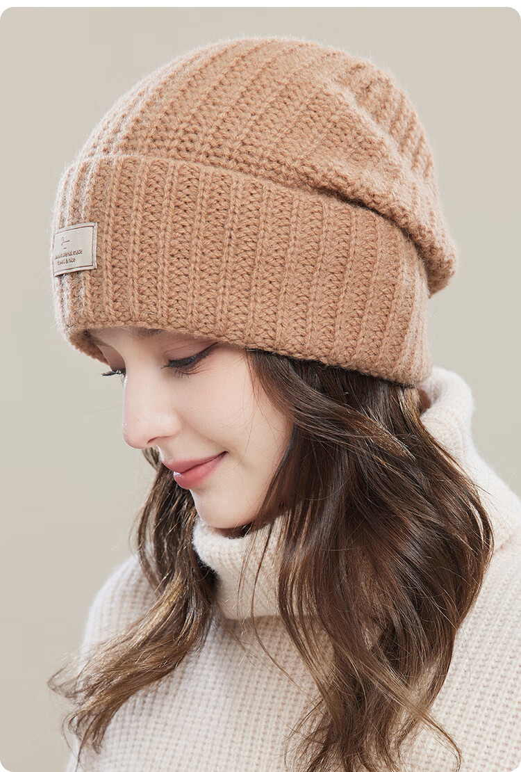 JIUMU Pure Wool Warm Knit Hat, Autumn And Winter Knitted Cap, Cold Hat, Winter Hat, Large Head Circumference Slouchy Hat, Cold-Proof Hat for Women in Winter 15