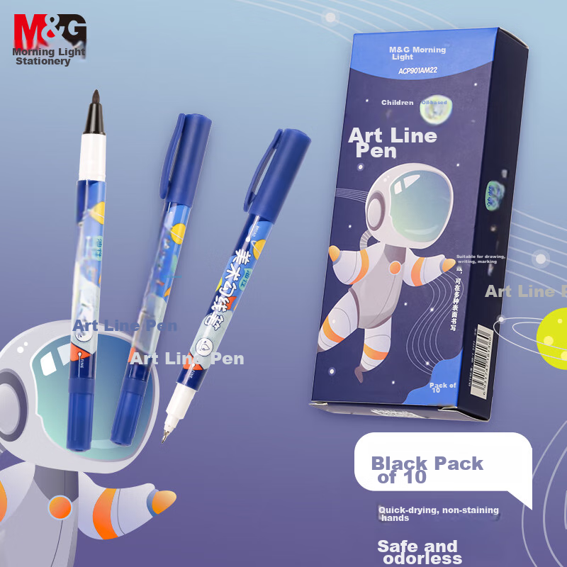 M&G Stationery Black Double-Ended Fine-Tip Highlighter Pen, Children's Art Drawing Outlining Marker, Neutral Pen, Marking Pen for Boys, 10 Pieces Birthday Gift ACP901AM1124
