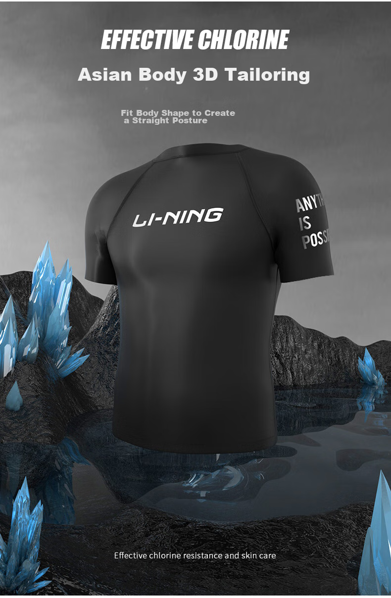 Li-Ning Men's Short-Sleeve Swimsuit, Anti-Embarrassment Swimwear for Hot Springs And Surfing, LSLR225 Short-Sleeve Black, XXL 5