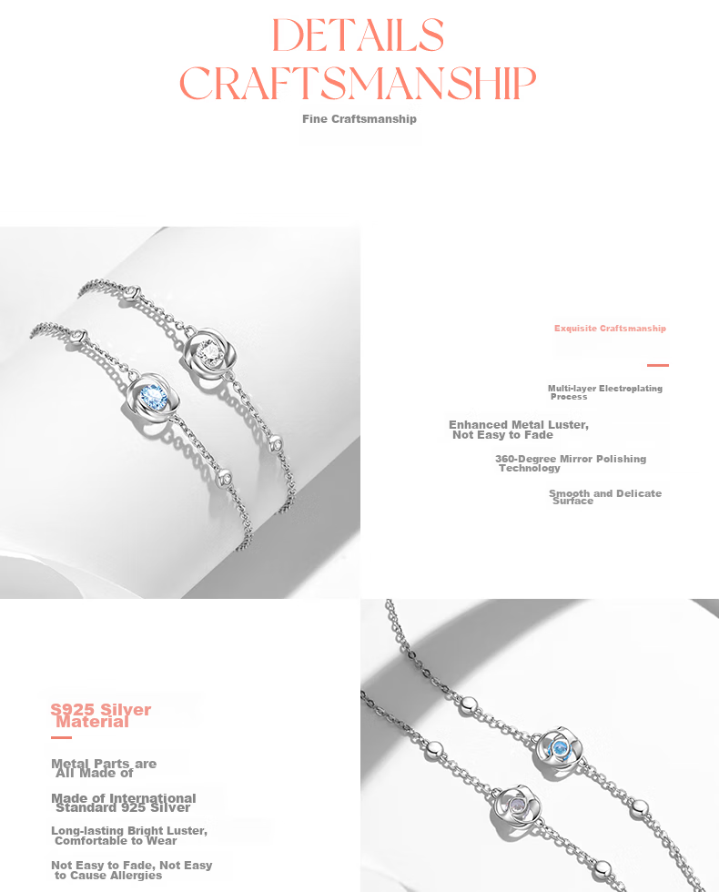 Fanci Love at First Sight Bracelet for Women, Silver Jewelry Rose Flower Blue Necklace Birthday Confession Anniversary Gift for Girlfriend 8