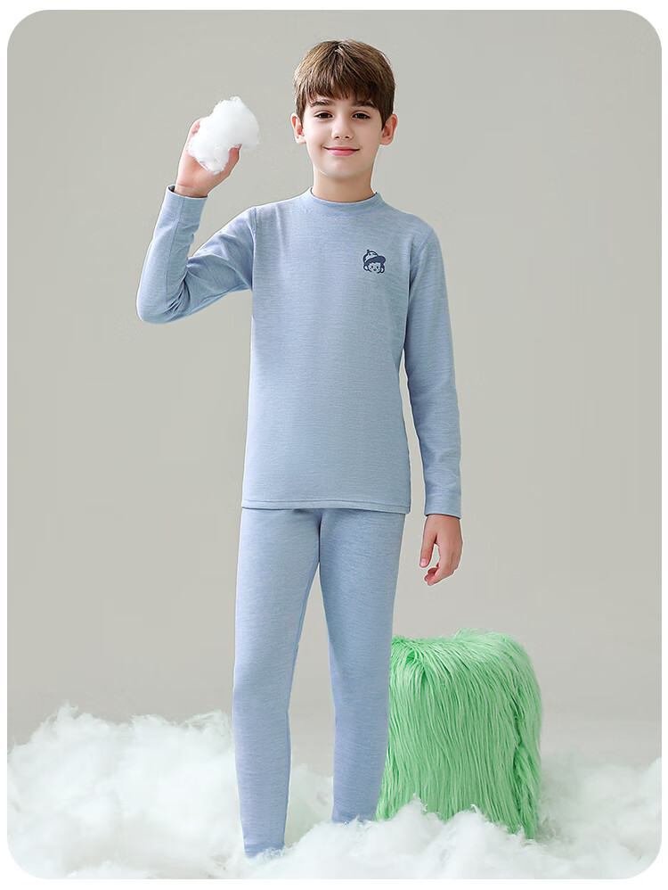 MiiOW Children's Thermal Underwear Set for Boys with Wool And Silk, Autumn Top And Pants, for Older Children's Pajamas, Blue, Size 170 19