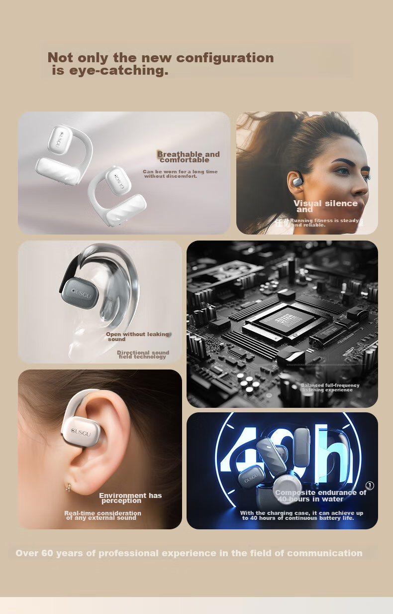 GUSGU Open True Wireless Bluetooth Earphones, Ear-Hook Style Non-In Music Sports Bone Conduction Concept Earphones, Compatible with Apple Huawei Xiaomi Phones, Black GU11 5