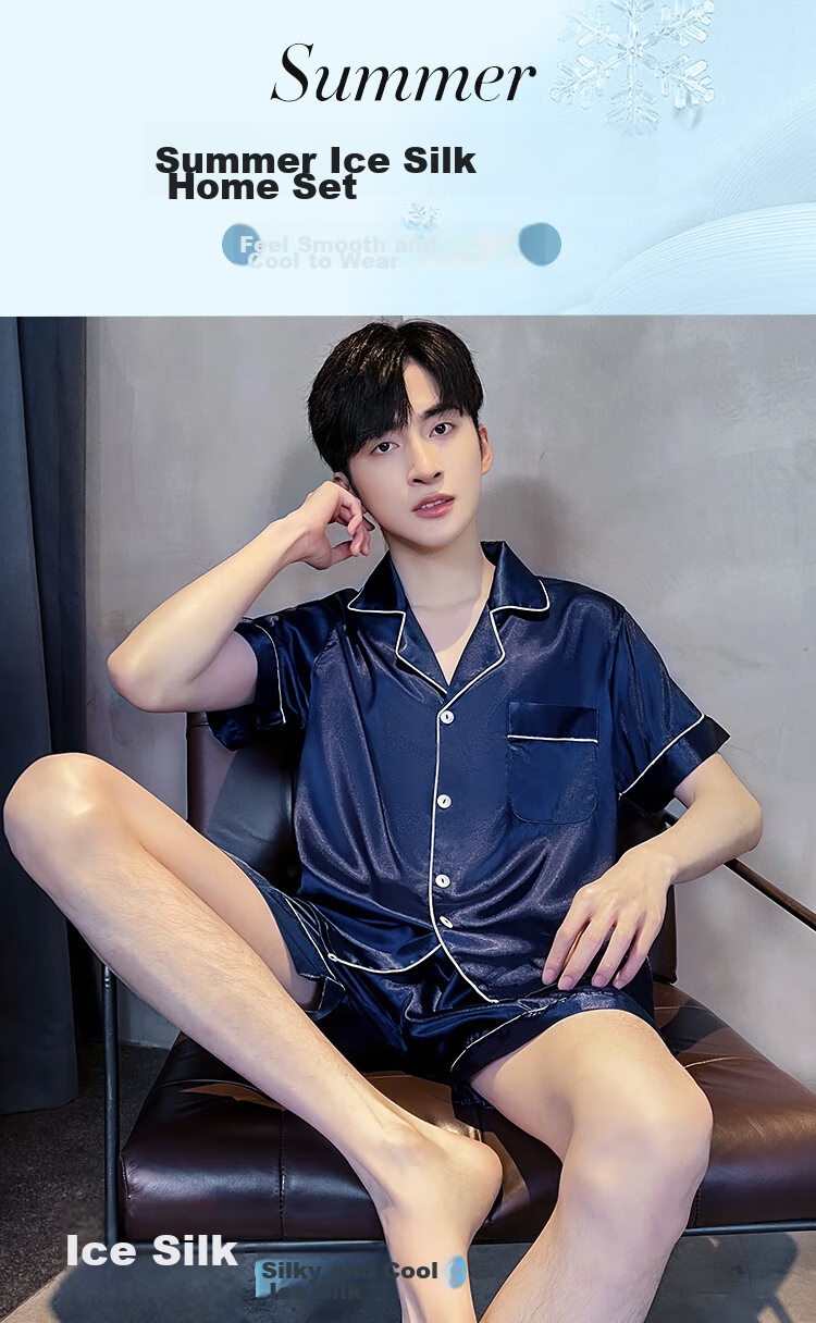 LangSha Men's Summer Pajamas, Ice Silk Short Sleeve Shorts Thin Faux Silk Home Wear Set 1