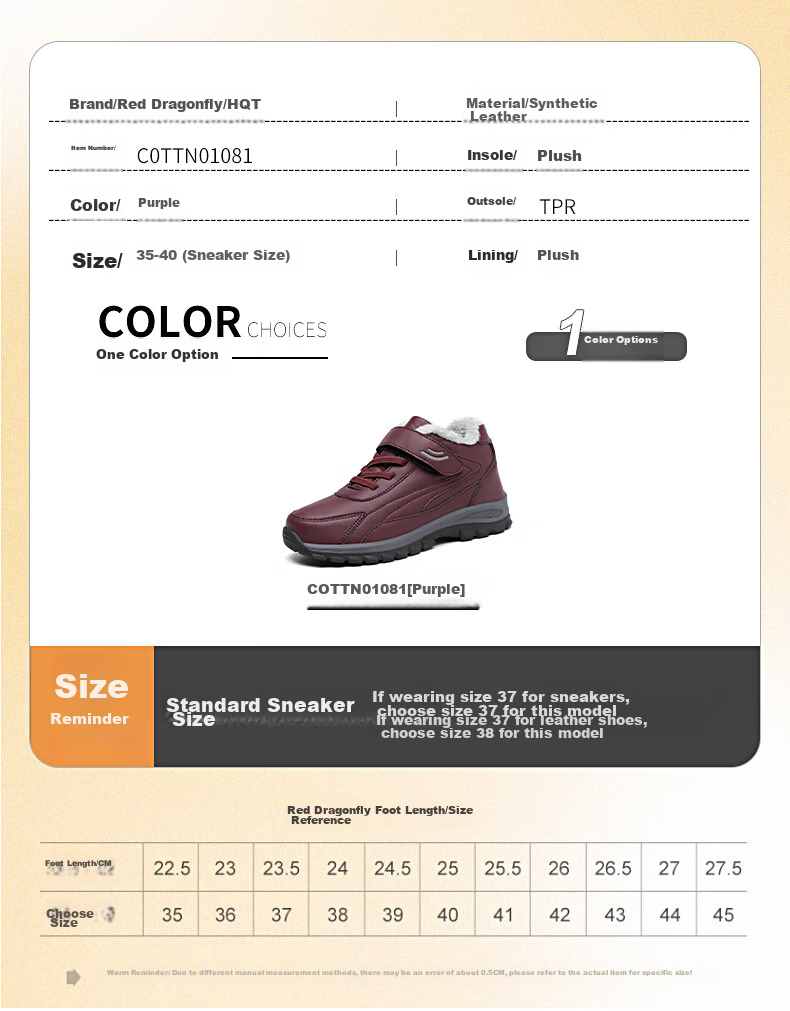 RED DRAGONFLY WINTER FLEECE-LINED WARM SHOES FOR ELDERLY, THICKENED FUR-LINED COTTON BOOTS, MIDDLE-AGE TO ELDERLY COTTON SHOES FOR WOMEN C0TTN01081 5