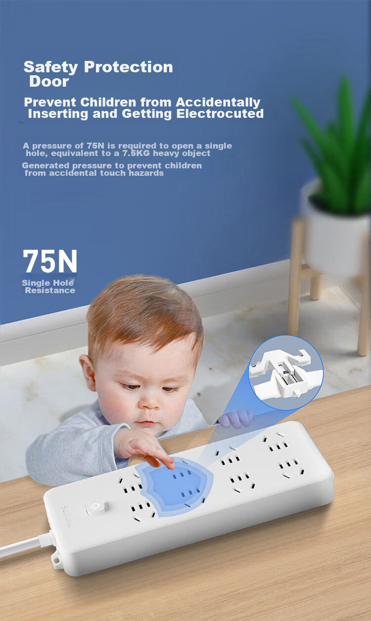 PHILIPS New National Standard Power Strip with 6 Outlets And Combination Holes, Overload Protection, Master Switch, 2.8m Extension Cord for Children's Safety, Dormitory Power Strip/Extension Cord/Power Board 5