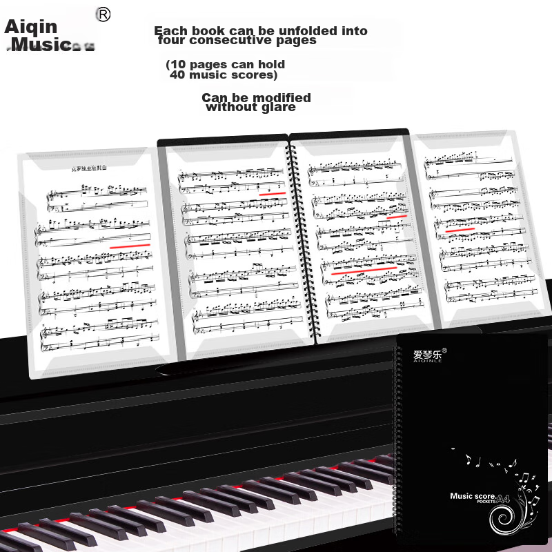 Aiqinle A4 Sheet Music Folder, Full-Size Open, Four Pages, Holds 40 Sheets, Stylish Black Piano Score Folder, Multifunctional And Editable