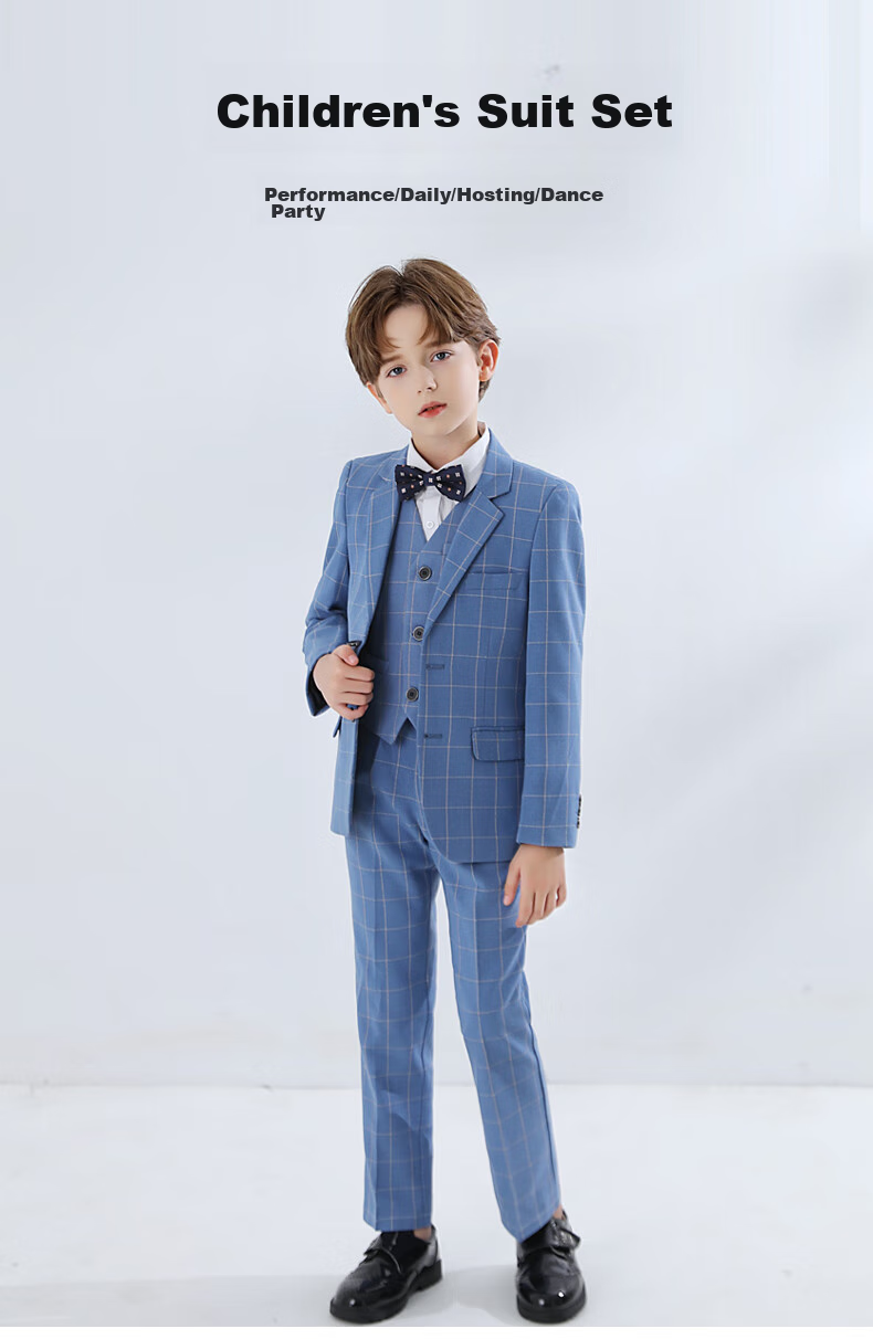 Yinuofang New Children's Suit Set Performance Outfit, Formal Wear, Host Attire for Boys, Blue Plaid, Size 160 1