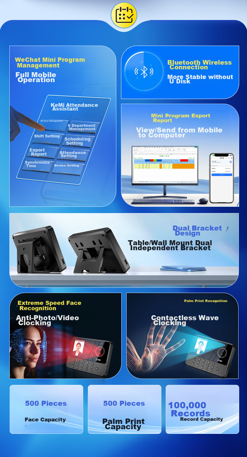 Kemi (Comet) Attendance Machine, Time Clock with Facial Recognition + Fingerprint And Palm Vein Identification, Bluetooth Connection, Mini-Program Management, Automatic Report Generation FZ03 8