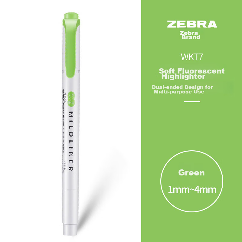 ZEBRA Double-Ended Soft Highlighter, Mildliner Series Single-Color Marking Pen, Student Marker WKT7 Soft Gree