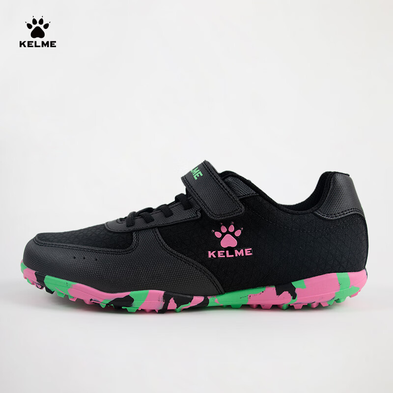 KELME Youth Soccer Shoes, Breathable Mesh, Velcro Strapless, TF Turf Studs, Student Football Boots, Black/rose Red, Size 28