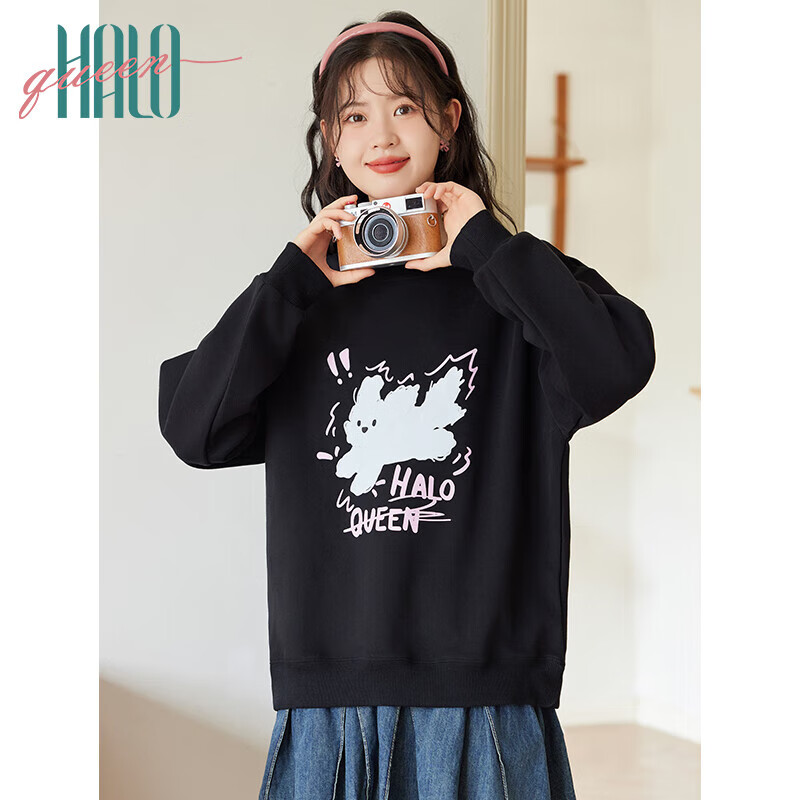 Halo Queen Women's Sweatshirt, Spring And Autumn Round Neck, Cute Rabbit Pullover, Loose-Fitting, Casual Versatile Trendy H143W1043