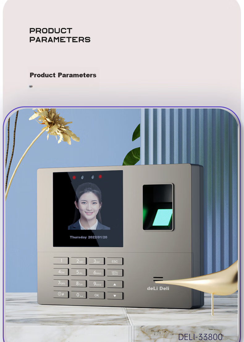 Deli Attendance Machine with Facial Recognition, Fingerprint, And Palm Vein Scanner - Face Detection, Hand-Lifting Recognition for Attendance. No Network Required, Three-Step Setup Automatically Generates Reports. Deep Space Gray AH12 21